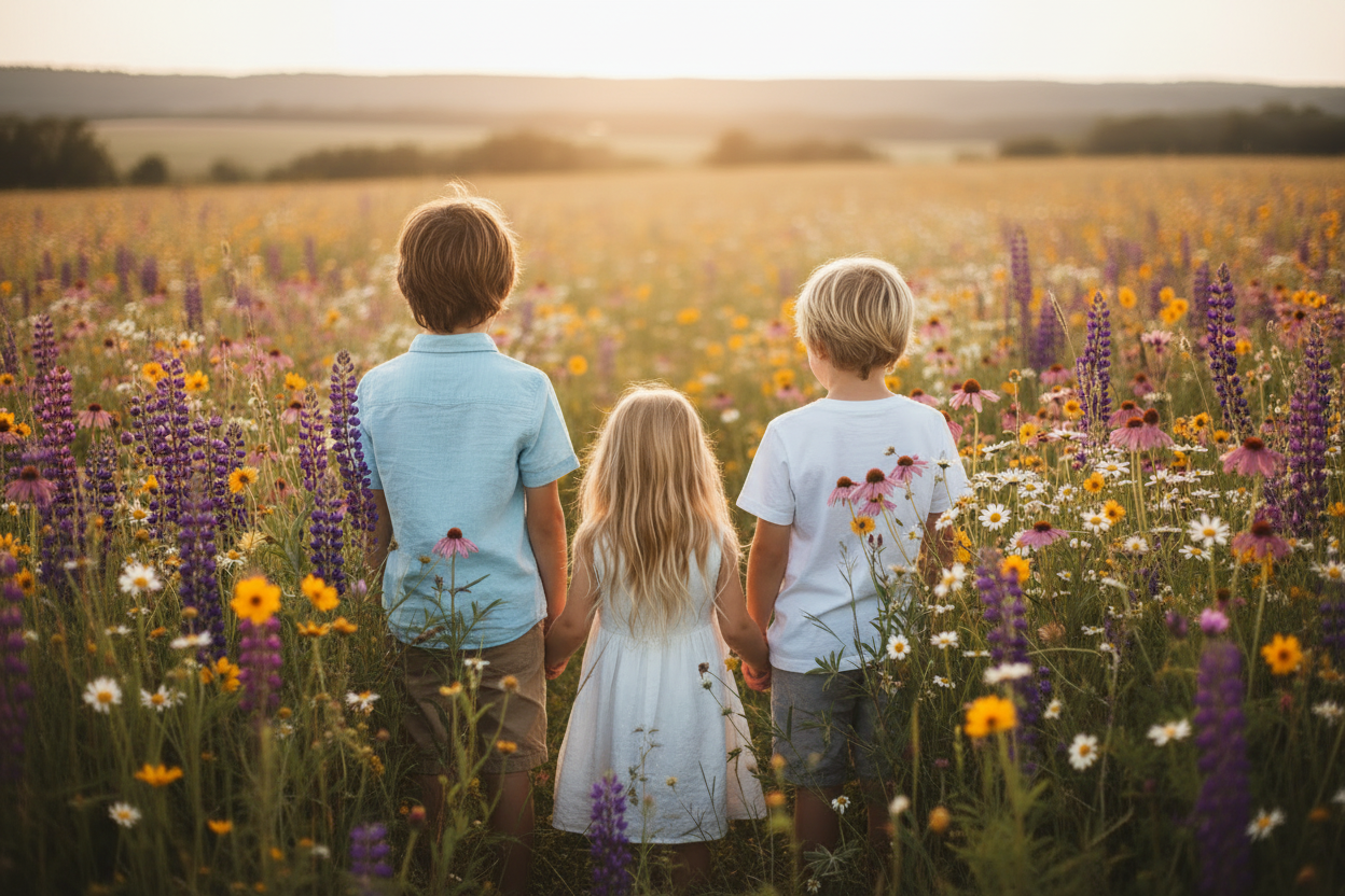 okay now add 2 older boys, one each beside her, showing the back of their heads, one brown hair and one blonde hair